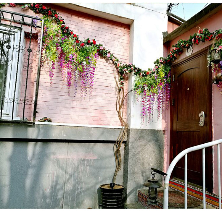 Artificial Wisteria Violet Plastic Silk Flower Decorative Vine Plant Ceiling Fake Flower for Wedding Rattan Green Plant Balcony
