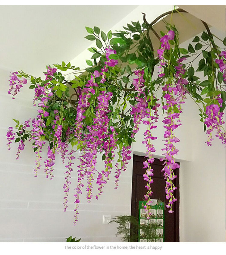 Artificial Wisteria Violet Plastic Silk Flower Decorative Vine Plant Ceiling Fake Flower for Wedding Rattan Green Plant Balcony