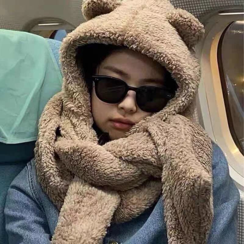 All-Match and Cute Bear Ears Warm Double-Layer Thickened Autumn and Winter Female Hat Scarf Gloves Three-Piece Set for Women