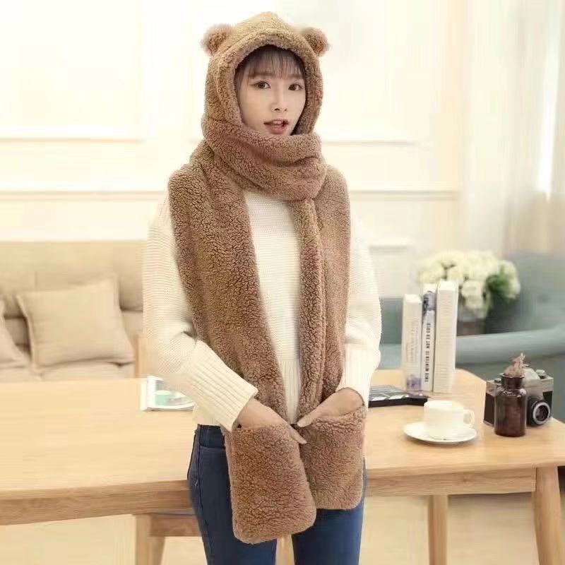 All-Match and Cute Bear Ears Warm Double-Layer Thickened Autumn and Winter Female Hat Scarf Gloves Three-Piece Set for Women