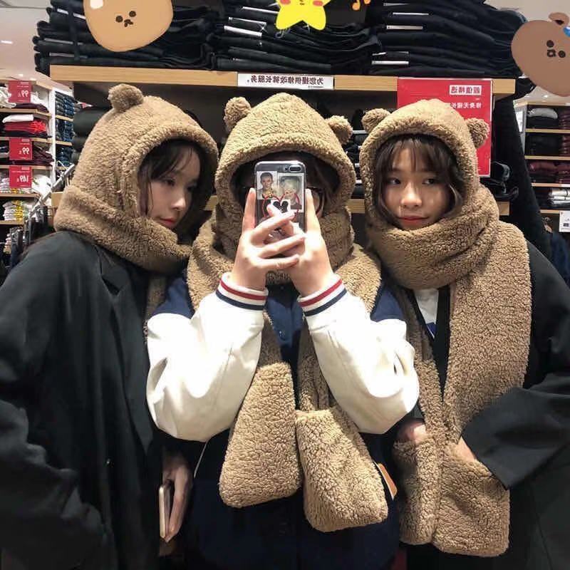 All-Match and Cute Bear Ears Warm Double-Layer Thickened Autumn and Winter Female Hat Scarf Gloves Three-Piece Set for Women