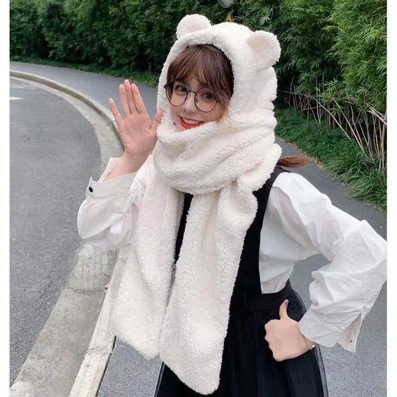 All-Match and Cute Bear Ears Warm Double-Layer Thickened Autumn and Winter Female Hat Scarf Gloves Three-Piece Set for Women