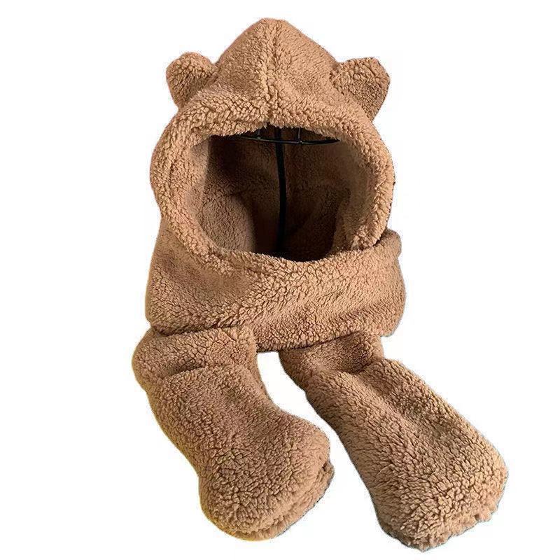 All-Match and Cute Bear Ears Warm Double-Layer Thickened Autumn and Winter Female Hat Scarf Gloves Three-Piece Set for Women