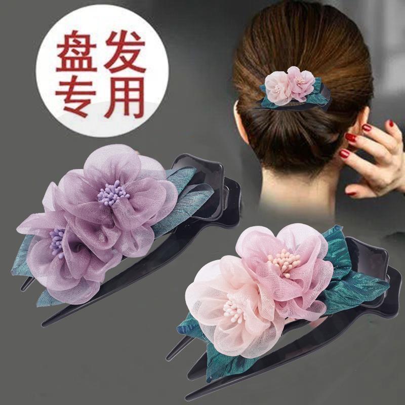 Korean Hairpin Flower Large Grip Elegant Graceful Lady Hair Updo Holder Silk Yarn Cloth Hairpin Headdress Back Head