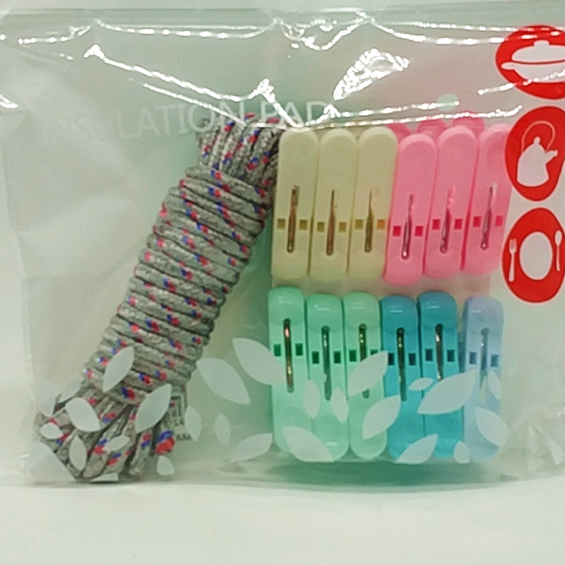 Sunshine Department Store Bag 5 M Rope 12Pc Color Clothes Pin Plastic Clip Three Colors Woven Non-Slip Clothesline