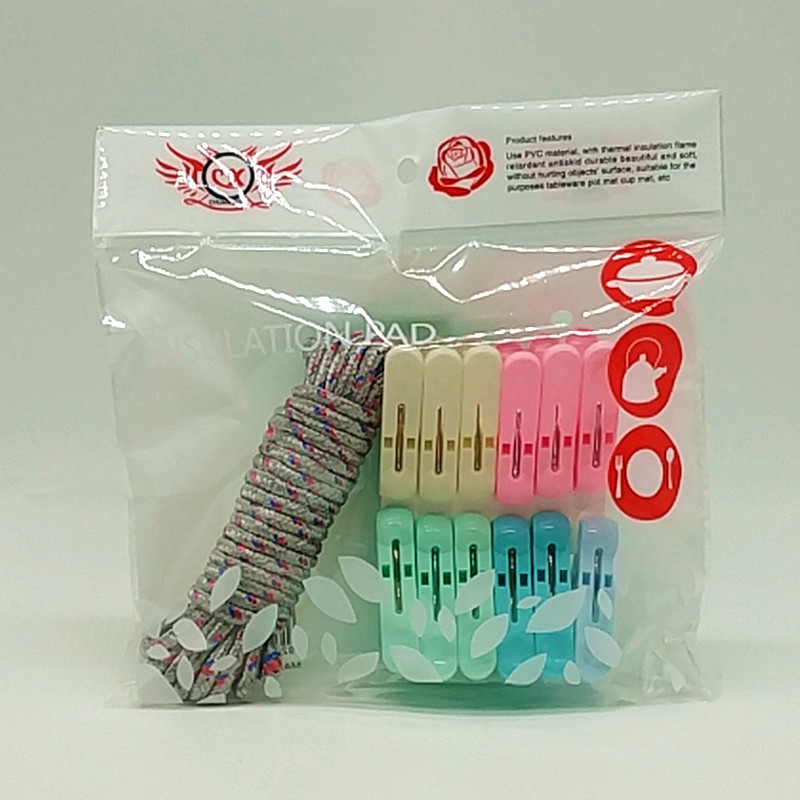 Sunshine Department Store Bag 5 M Rope 12Pc Color Clothes Pin Plastic Clip Three Colors Woven Non-Slip Clothesline