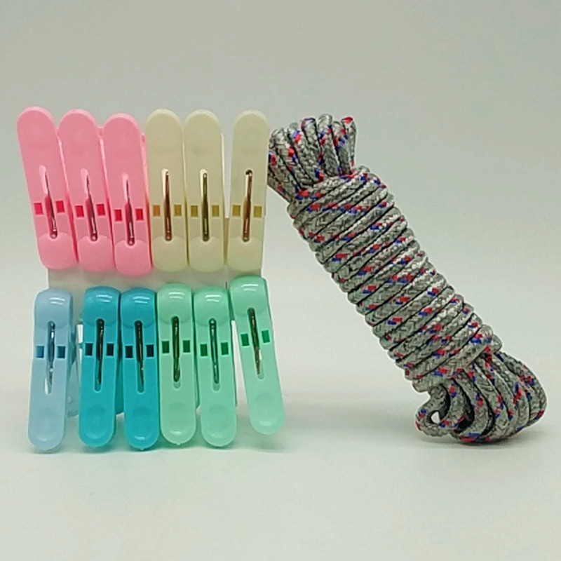 Sunshine Department Store Bag 5 M Rope 12Pc Color Clothes Pin Plastic Clip Three Colors Woven Non-Slip Clothesline