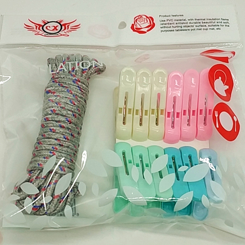 Sunshine Department Store Bag 5 M Rope 12Pc Color Clothes Pin Plastic Clip Three Colors Woven Non-Slip Clothesline