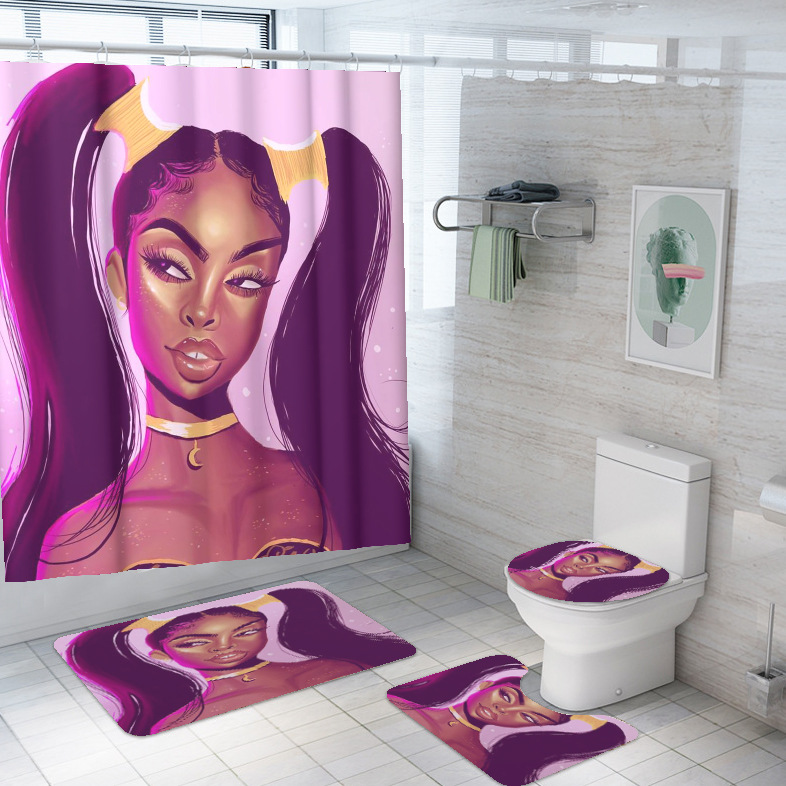 Amazon Hot Sale African Girl Bathroom Four-Piece Set Digital Printing Bathroom Carpet Shower Curtain Absorbent Non-Slip Floor Mat