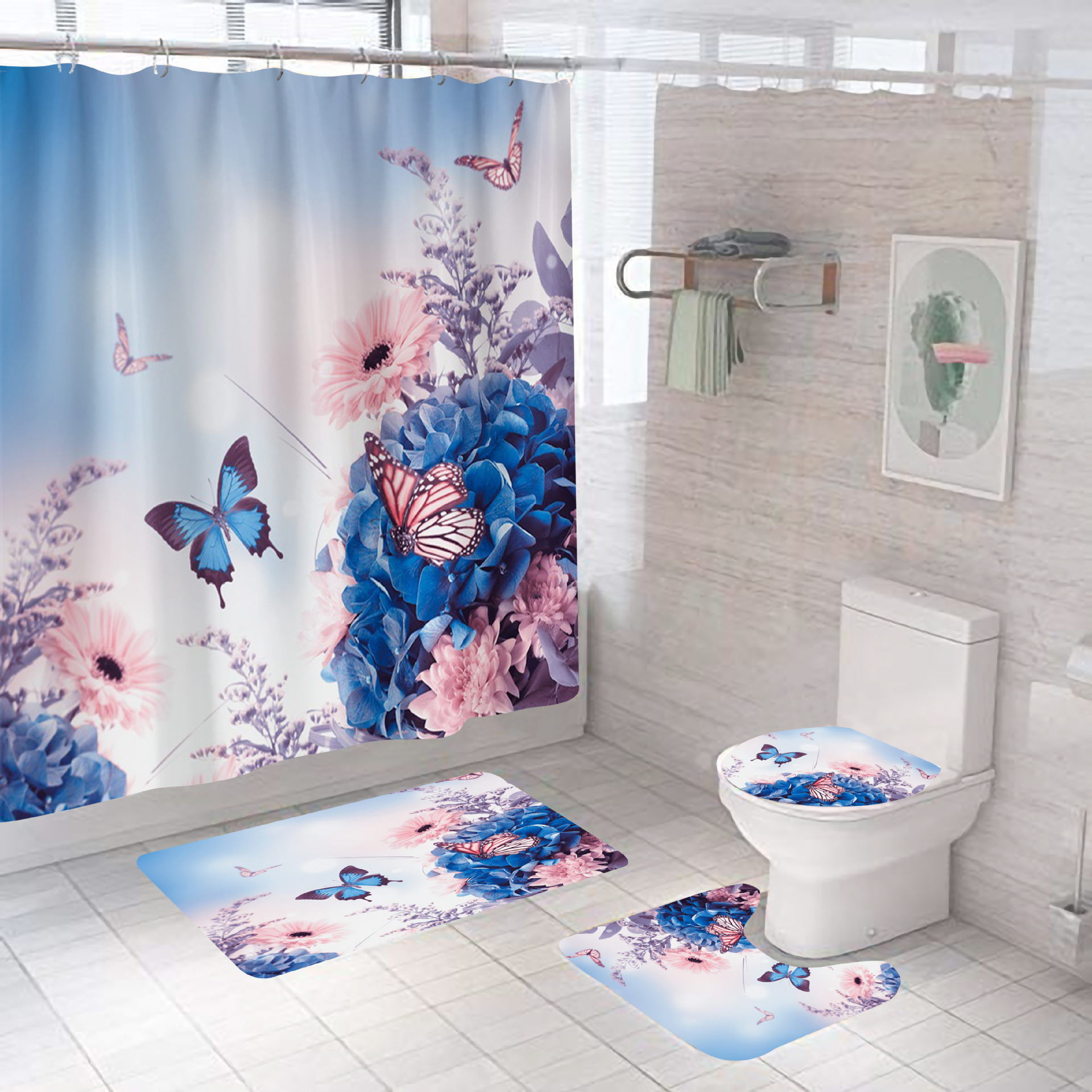 Amazon Hot Sale African Girl Bathroom Four-Piece Set Digital Printing Bathroom Carpet Shower Curtain Absorbent Non-Slip Floor Mat
