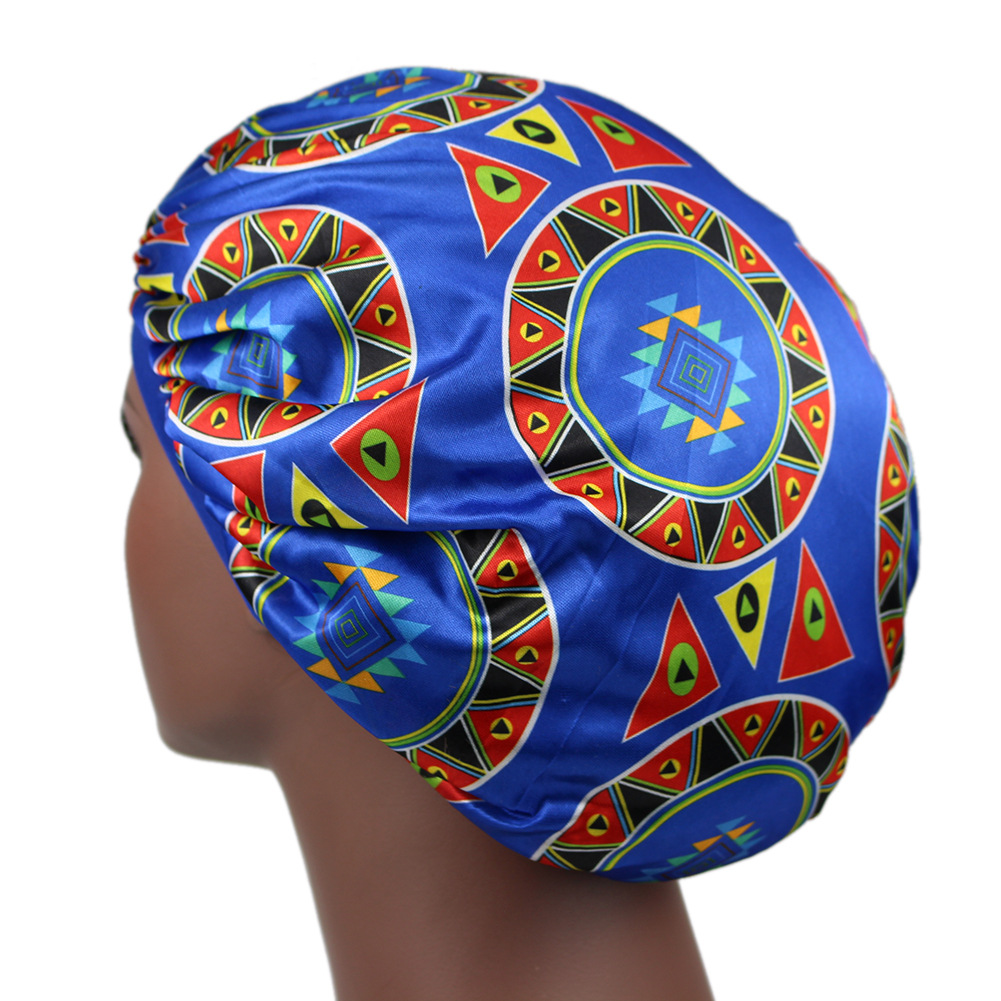 European and American Popular African Special Printing Satin Nightcap Elastic Wide Brim round Cap Beauty Shower Cap