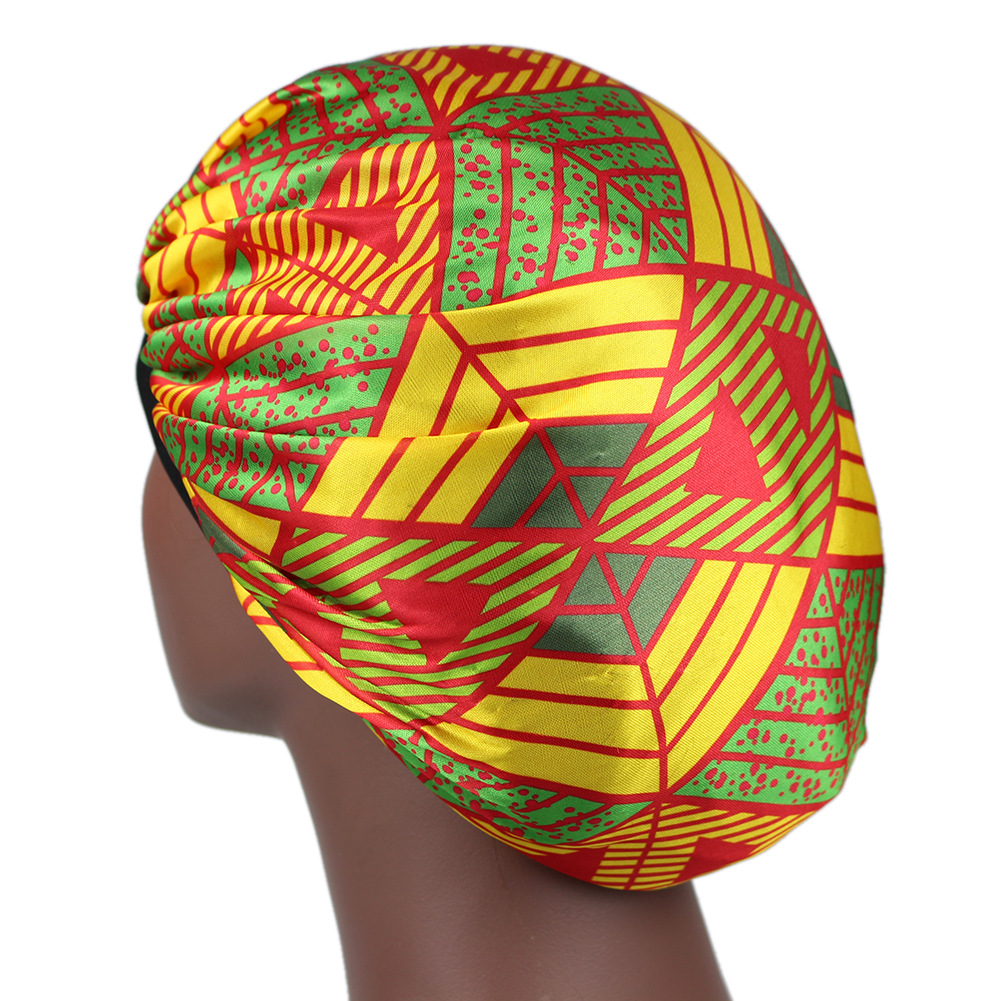 European and American Popular African Special Printing Satin Nightcap Elastic Wide Brim round Cap Beauty Shower Cap