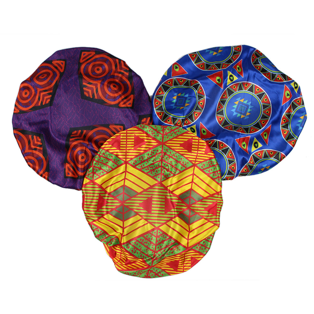 European and American Popular African Special Printing Satin Nightcap Elastic Wide Brim round Cap Beauty Shower Cap