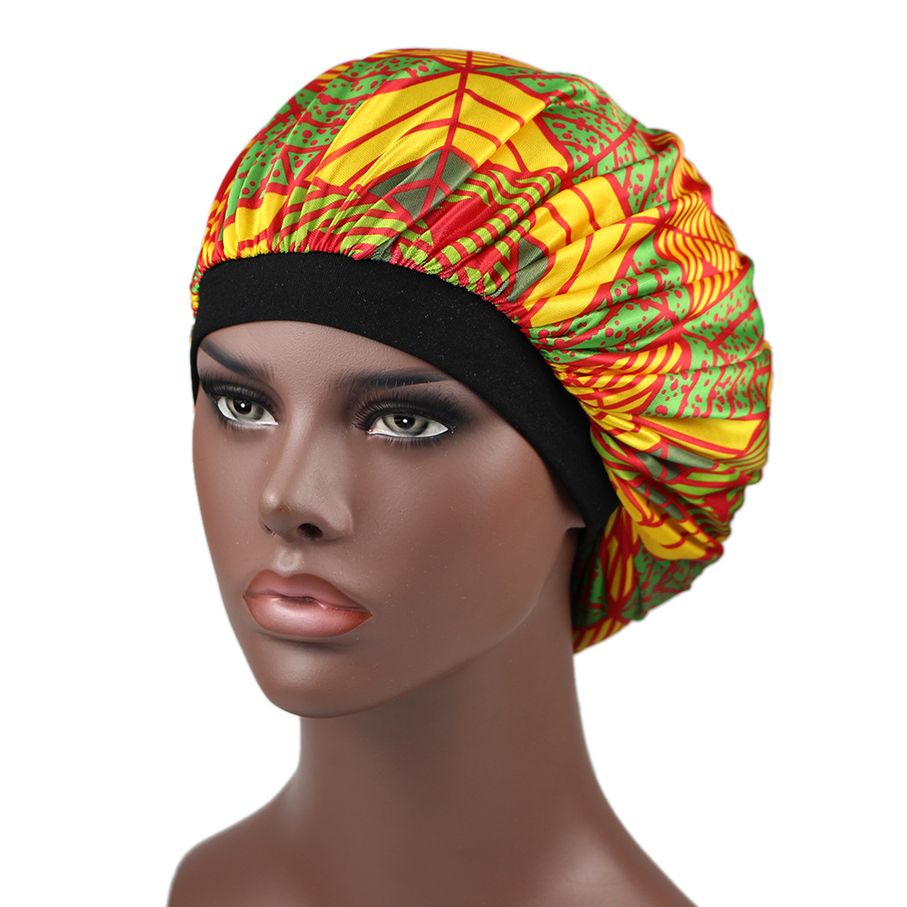 European and American Popular African Special Printing Satin Nightcap Elastic Wide Brim round Cap Beauty Shower Cap