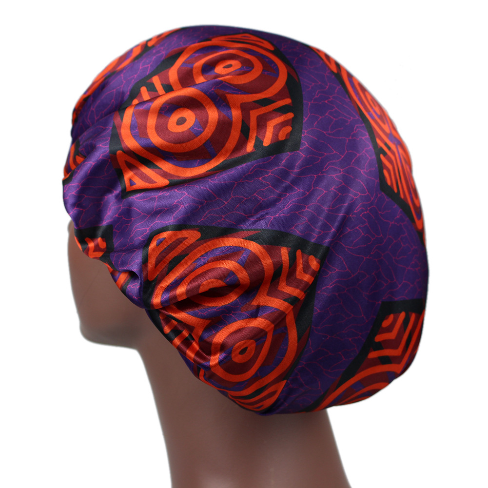 European and American Popular African Special Printing Satin Nightcap Elastic Wide Brim round Cap Beauty Shower Cap