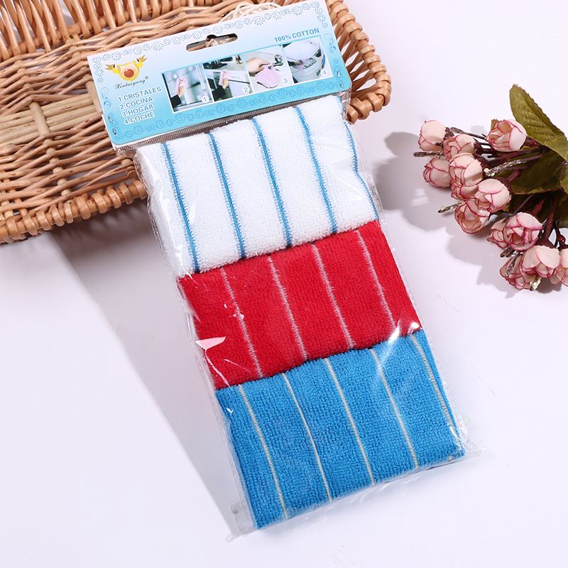 Hot style 3pcs wide color striped ultra-fine fiber cloth to stain non-oily double-sided  washing dish towel wholesale.