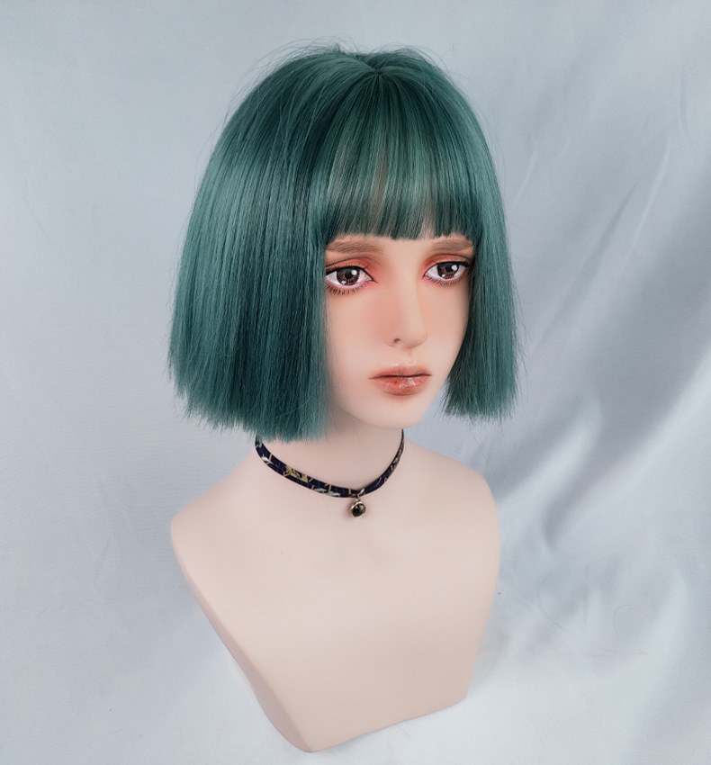 Cross-Border E-Commerce for Cosplay Anime Color Wig Female Short Hair Green Air Bangs Wig Sheath