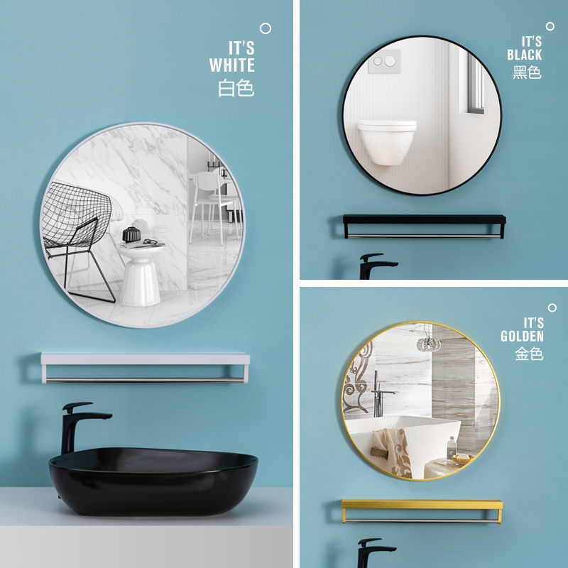 Nordic Bathroom Mirror Bathroom round Mirror with Shelf Punch-Free Wall Hanging Toilet Cosmetic Mirror