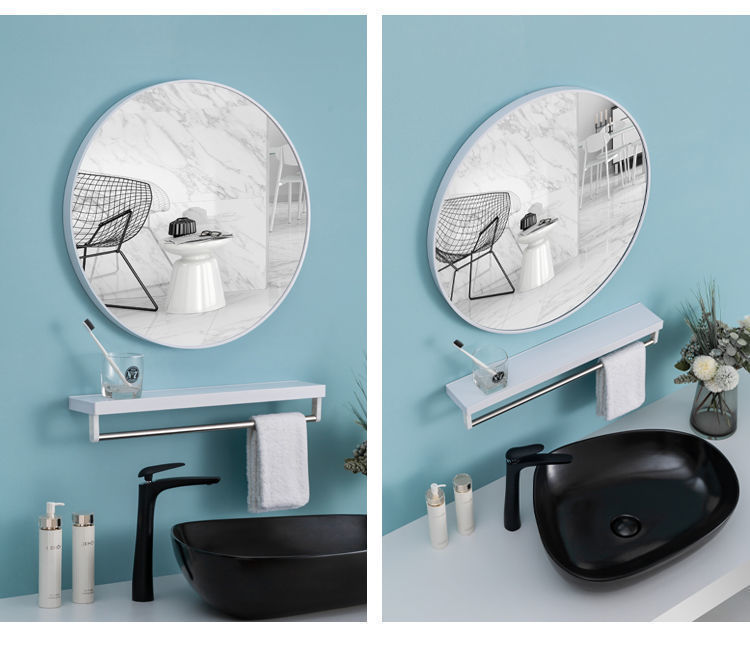 Nordic Bathroom Mirror Bathroom round Mirror with Shelf Punch-Free Wall Hanging Toilet Cosmetic Mirror Nordic Bathroom Mirror Bathroom round Mirror with Shelf Punch-Free Wall Hanging Toilet Cosmetic Mirror