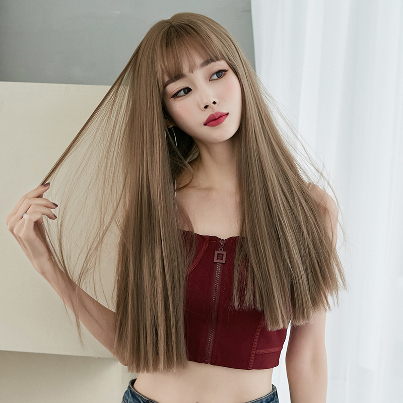 Wig Women&#039;s Long Hair Full-Head Wig Black Long Straight Hair Natural Air Bangs Full Top Hair Realistic Wig Factory Wholesale