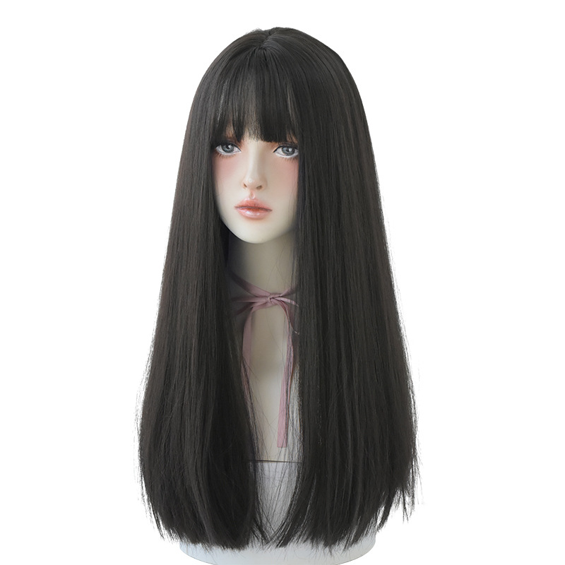 Wig Women&#039;s Long Hair Full-Head Wig Black Long Straight Hair Natural Air Bangs Full Top Hair Realistic Wig Factory Wholesale