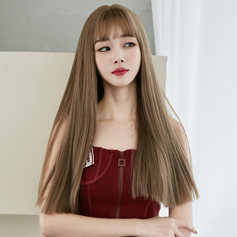 Wig Women&#039;s Long Hair Full-Head Wig Black Long Straight Hair Natural Air Bangs Full Top Hair Realistic Wig Factory Wholesale