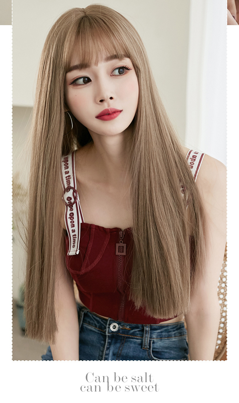 Wig Women's Long Hair Full-Head Wig Black Long Straight Hair Natural Air Bangs Full Top Hair Realistic Wig Factory Wholesale