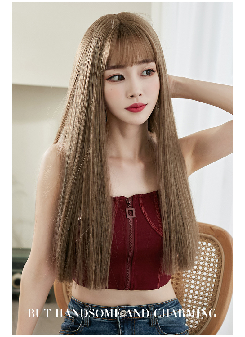 Wig Women's Long Hair Full-Head Wig Black Long Straight Hair Natural Air Bangs Full Top Hair Realistic Wig Factory Wholesale