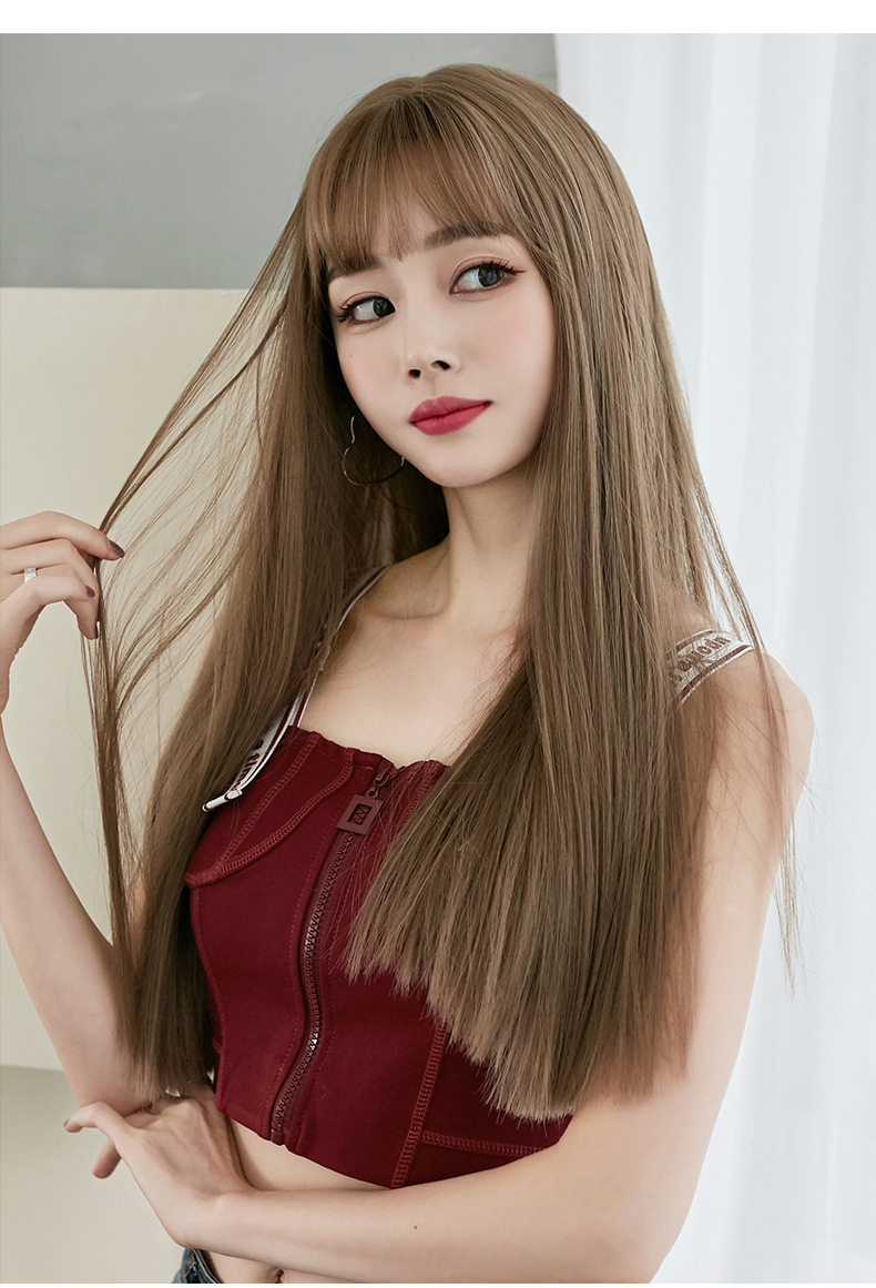 Wig Women's Long Hair Full-Head Wig Black Long Straight Hair Natural Air Bangs Full Top Hair Realistic Wig Factory Wholesale