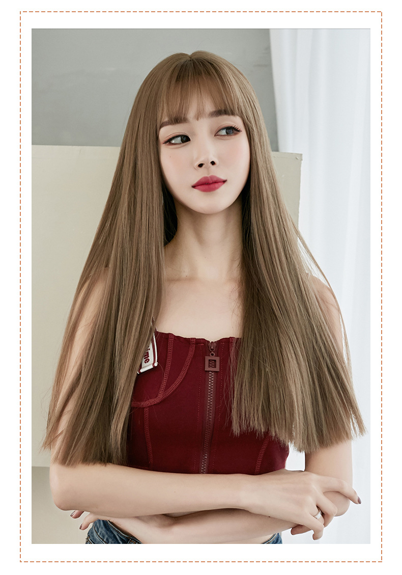 Wig Women's Long Hair Full-Head Wig Black Long Straight Hair Natural Air Bangs Full Top Hair Realistic Wig Factory Wholesale