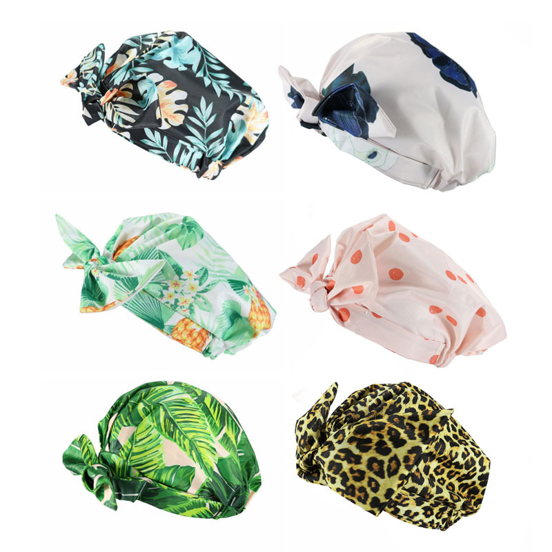 Shower Cap Waterproof Amazon Elastic Bow Black and White Stripes Shower Cap Female Yiwu Manufacturers Can Make a Variety of Patterns