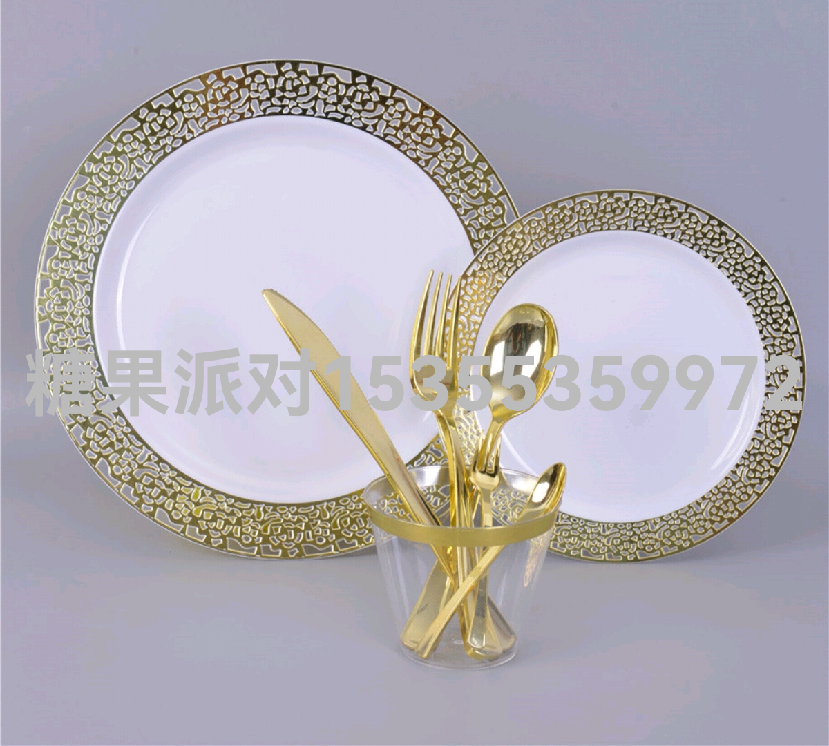 PS Plate Cup Knife, Fork and Spoon Birthday Party Tableware Set PS Plastic Rose Gold Party Western Food Gold Plated