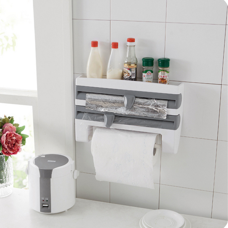Refrigerator-Mounted Rack Barbecue Plastic Wrap Rack Kitchen Storage Rack with Cutter Plastic Wrap Storage Rack Wall Hanging Tissue Holder