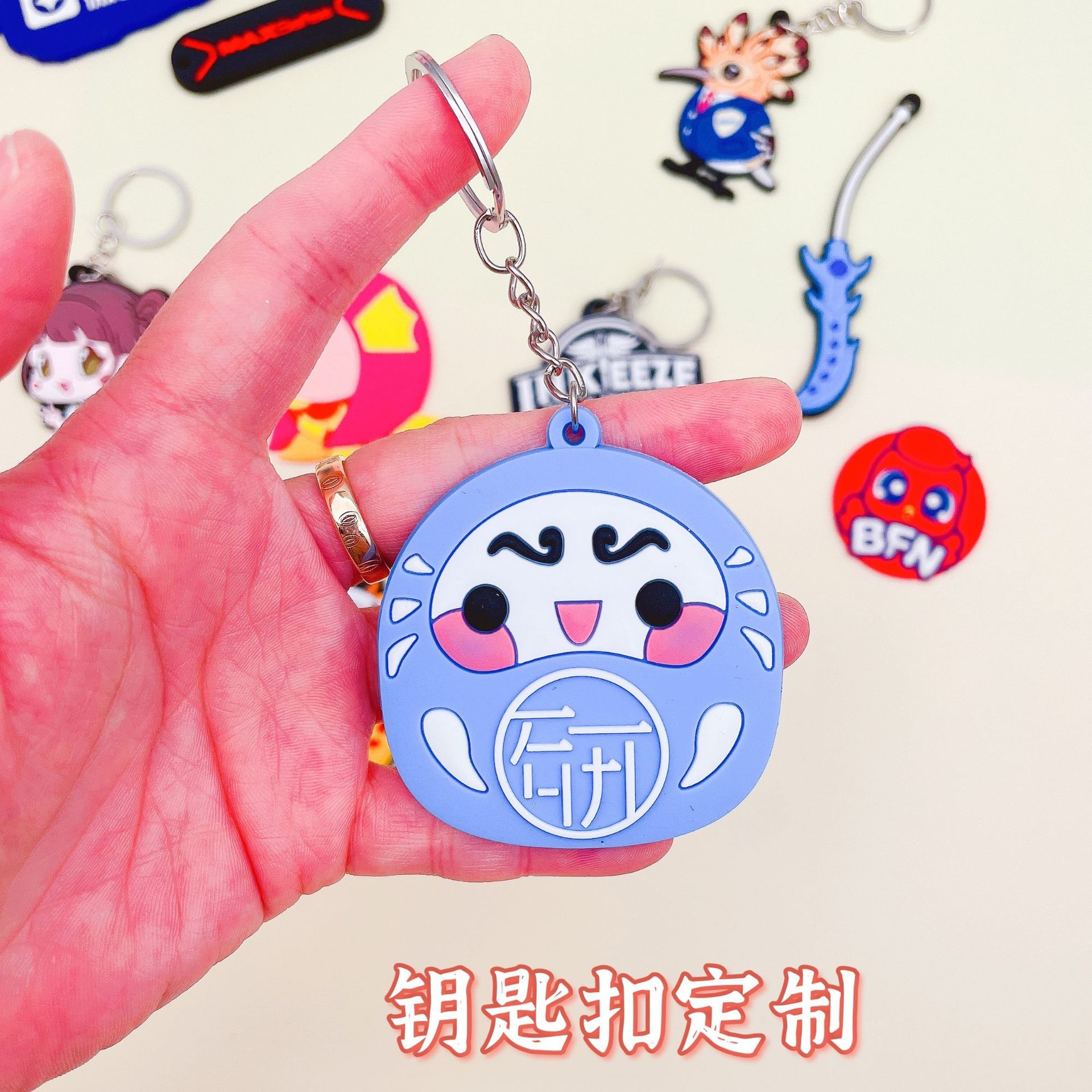 Factory Direct Supply Paper Card PVC Flexible Glue Keychain Cartoon Car Key Pendant Push Gift Wholesale plus Logo