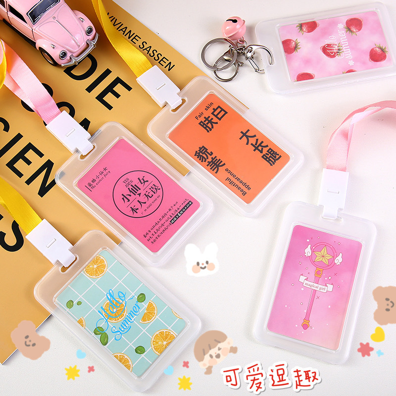 Creative Fresh Transparent Card Cover Hard IC Certificate Holder Key Chain with Bell Meal Card Student Access Control Bus Card Holder