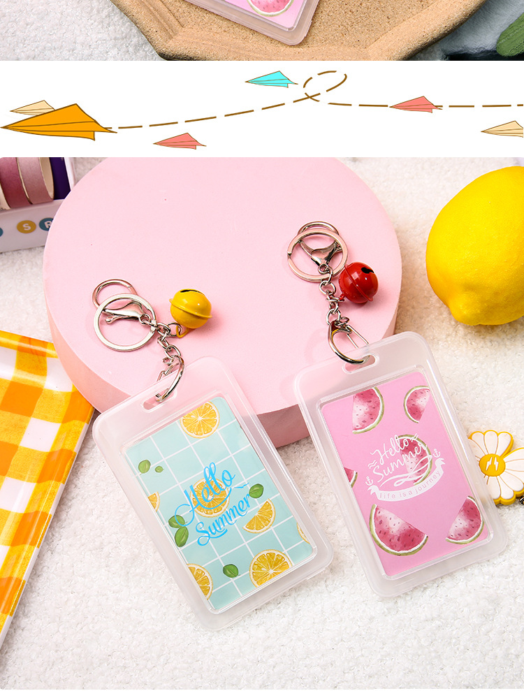 Creative Fresh Transparent Card Cover Hard IC Certificate Holder Key Chain with Bell Meal Card Student Access Control Bus Card Holder