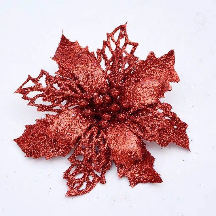 Poinsettia Glitter Fake Flower Artificial Simulation Flowers Christmas Tree Hanging Ornament Home Party Spring Wedding D