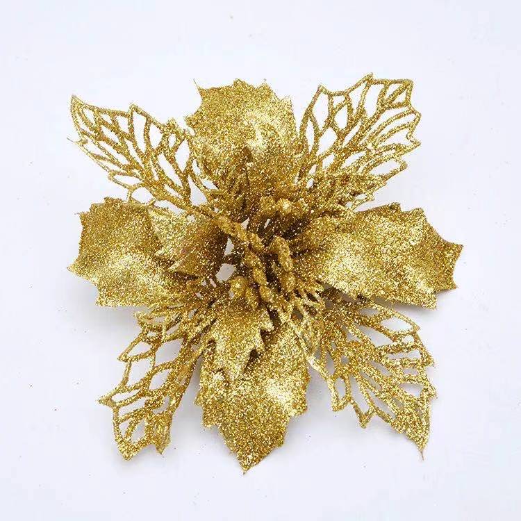 Poinsettia Glitter Fake Flower Artificial Simulation Flowers Christmas Tree Hanging Ornament Home Party Spring Wedding D