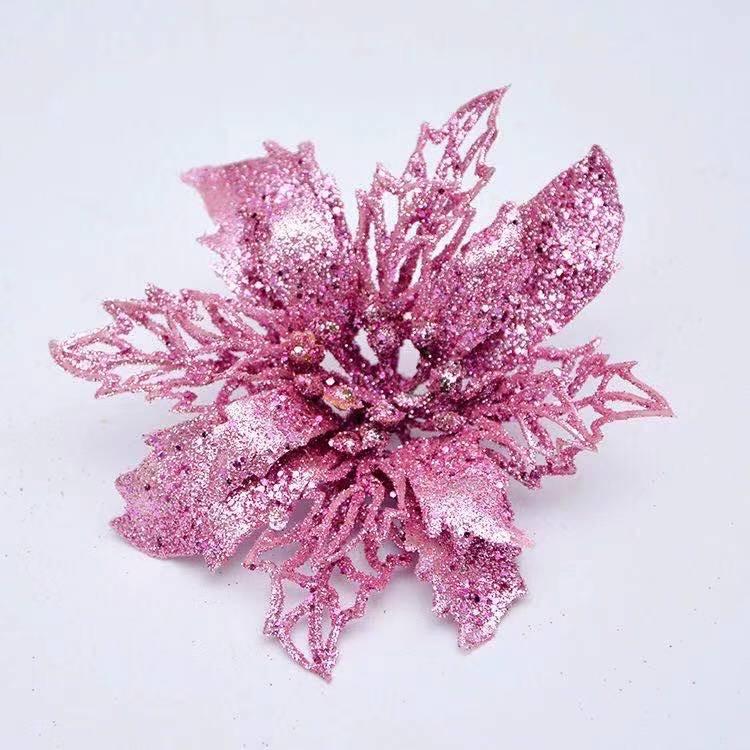 Poinsettia Glitter Fake Flower Artificial Simulation Flowers Christmas Tree Hanging Ornament Home Party Spring Wedding D