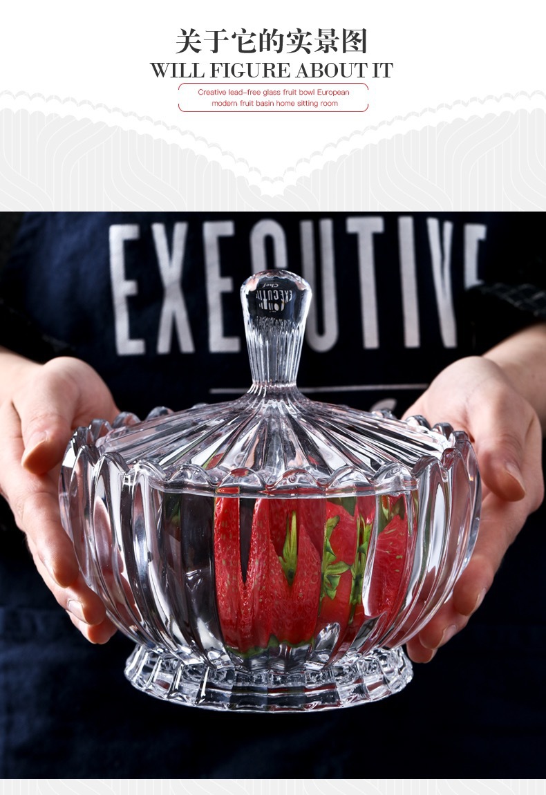 Fire Glass Sugar Bowl Storage Jar Decoration Transparent Candy Fruit Plate Fruit Plate Dried Fruit Tray Creative European Style Sucrier with Lid