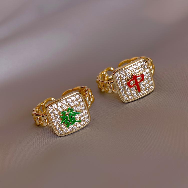 Internet Celebrity Same Zircon New Year Good Luck Fortune Ring Mahjong Red Middle Ring Temperament Entry Lux High Sense Open Ring