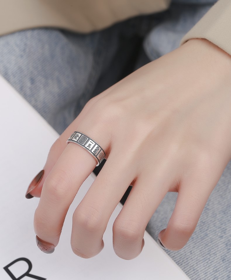 S925 Sterling Silver Qian Duo Fortune Mahjong Ring Female Retro Distressed Ins Trend Thirteen Creative Index Finger Ring
