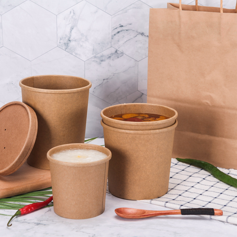 Manufacturers wholesale disposable brown paper porridge barrel takeaway soup cup hot and sour powder packaging paper cup professional custom printing logo