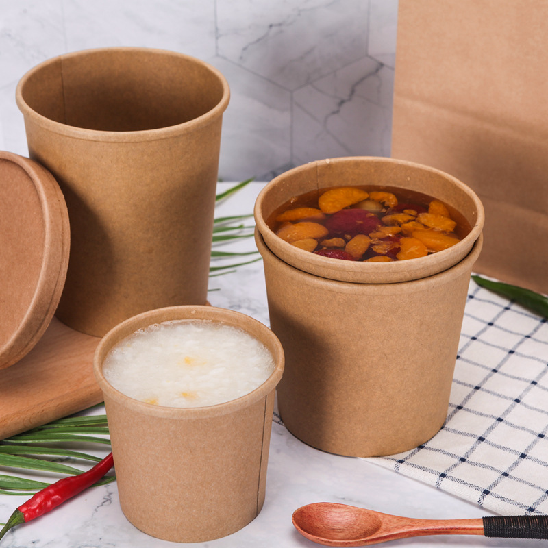 Manufacturers wholesale disposable brown paper porridge barrel takeaway soup cup hot and sour powder packaging paper cup professional custom printing logo