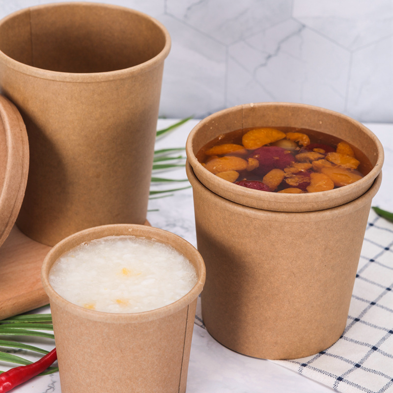 Manufacturers wholesale disposable brown paper porridge barrel takeaway soup cup hot and sour powder packaging paper cup professional custom printing logo