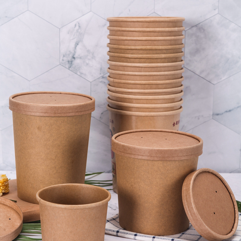 Manufacturers wholesale disposable brown paper porridge barrel takeaway soup cup hot and sour powder packaging paper cup professional custom printing logo