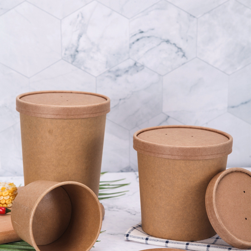 Manufacturers wholesale disposable brown paper porridge barrel takeaway soup cup hot and sour powder packaging paper cup professional custom printing logo