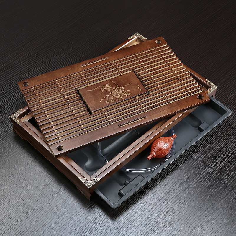  Tea Tray Household Kemu Small Number Drawer-Type Wooden Tea Set Tray Drainage Water Storage Solid Wood Tea Table