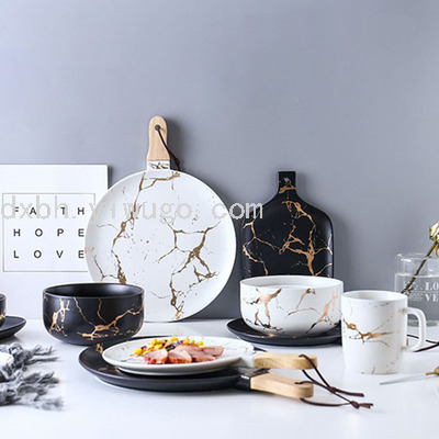 Marbling Matte Gold Ceramic Tableware Tray Plate and Bowl Dish Set Rice Bowl Dish Noodle Bowl Simple Plate and Bowl