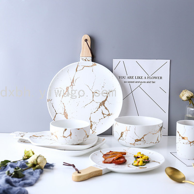 Marbling Matte Gold Ceramic Tableware Tray Plate and Bowl Dish Set Rice Bowl Dish Noodle Bowl Simple Plate and Bowl